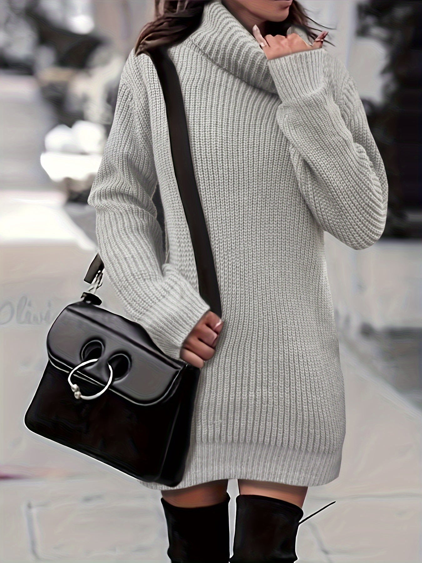 Solid Turtle Neck Baggy Knitted Dress, Casual Long Sleeve Dress For Fall & Winter, Women's Clothing