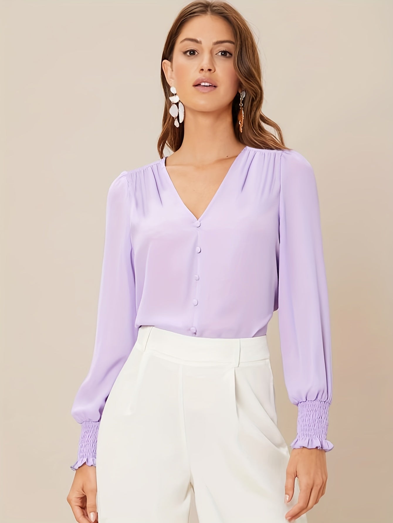 Solid Shirred Daily Wear Blouse, Elegant V Neck Long Sleeve Blouse, Women's Clothing