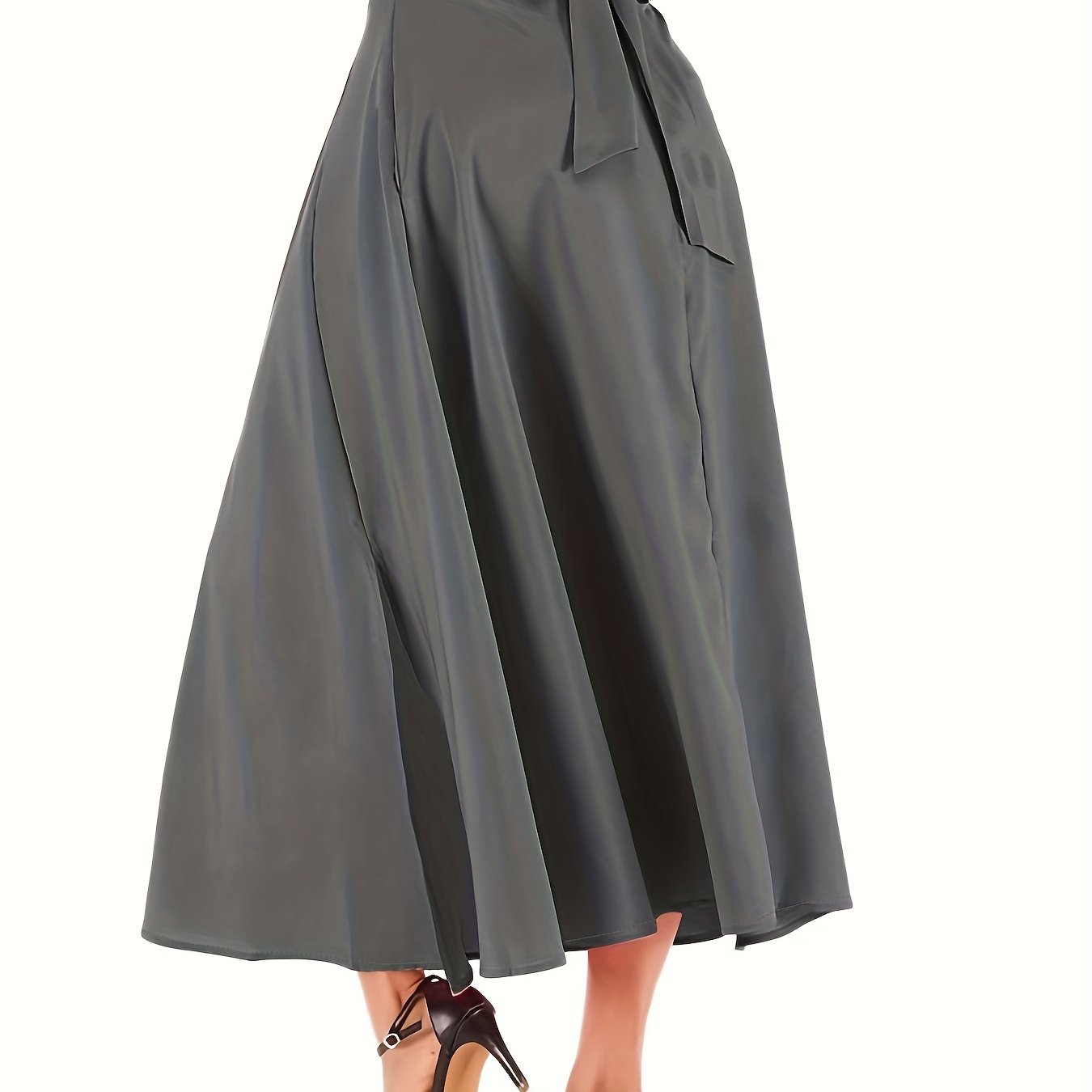 Plus Size Casual Skirt, Women's Plus Solid High Rise Belted Zipper Back A-line Skirt