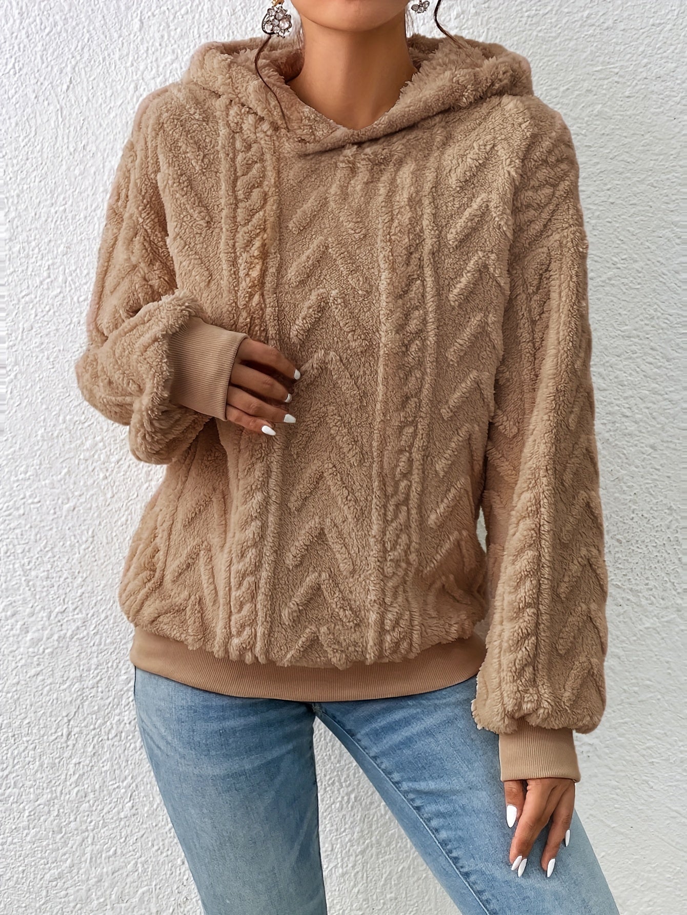 vlovelaw Textured Hoodie Plush Sweatshirt, Casual Long Sleeve Hoodies Sweatshirt, Women's Clothing