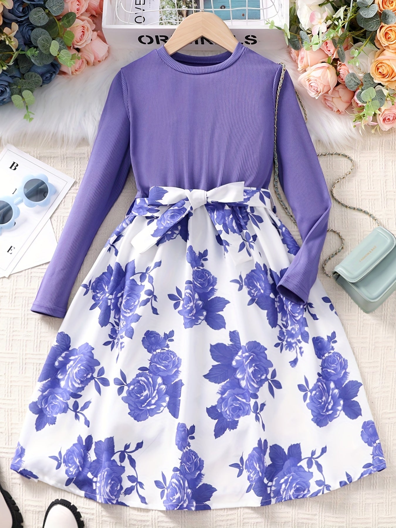 vlovelaw Girls Long Sleeves Round Neck Flowers Splicing Belted Dress For Party Kids Spring Clothes