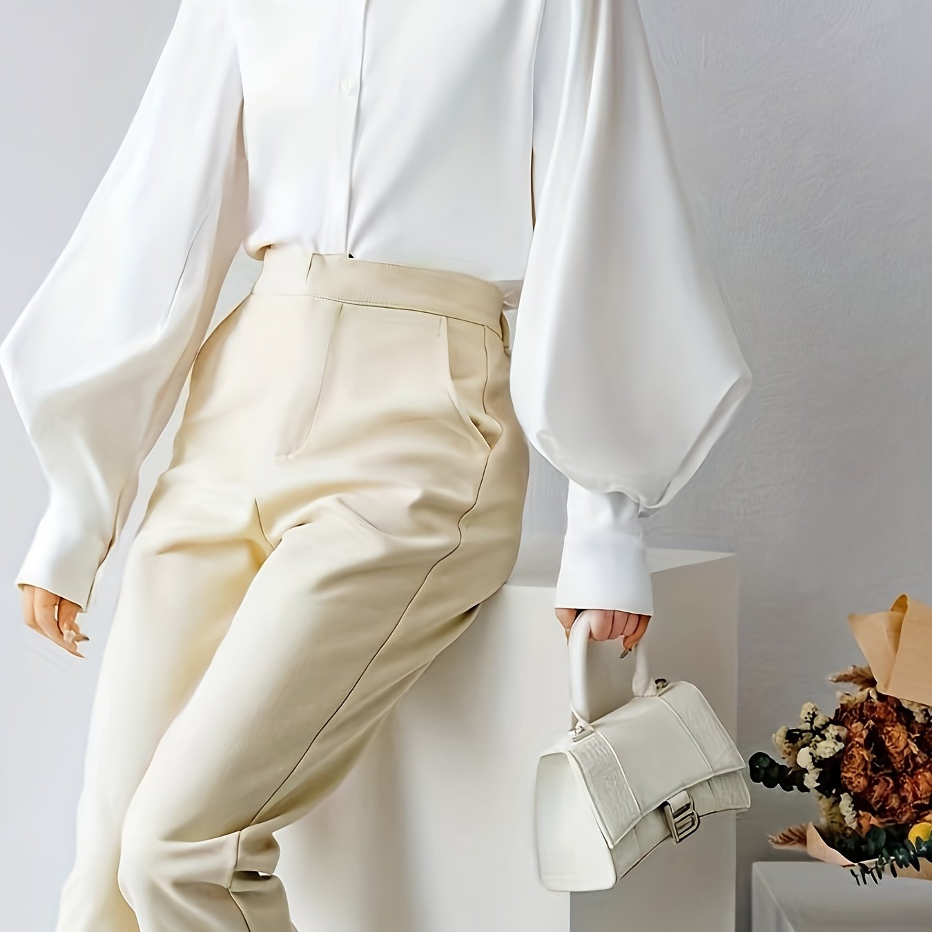 vlovelaw Solid Polo Collar Blouse, Casual Long Lantern Sleeve Blouse For Spring & Fall, Women's Clothing