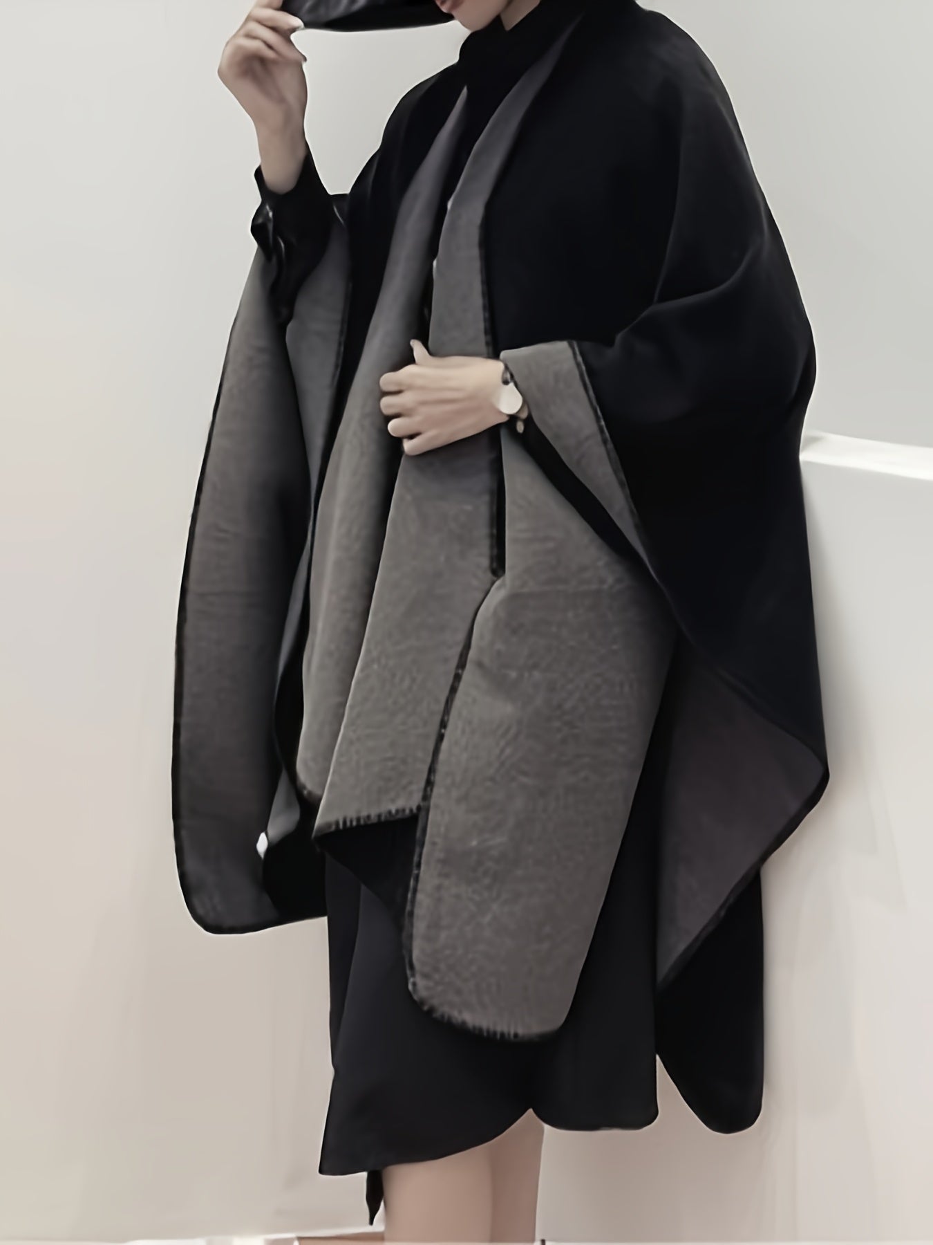 vlovelaw Plus Size Elegant Coat, Women's Plus Double-sided Batwing Sleeve Open Front Waterfall Collar Loose Fit Shawl Coat