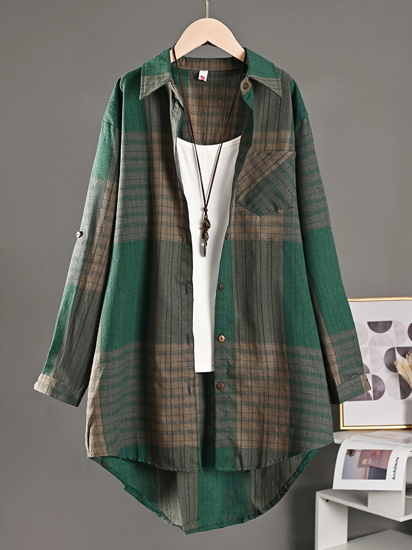 Colorblock Plaid Print Polo Collar Shirt, Casual Pocket Long Sleeve Shirt For Spring & Fall, Women's Clothing