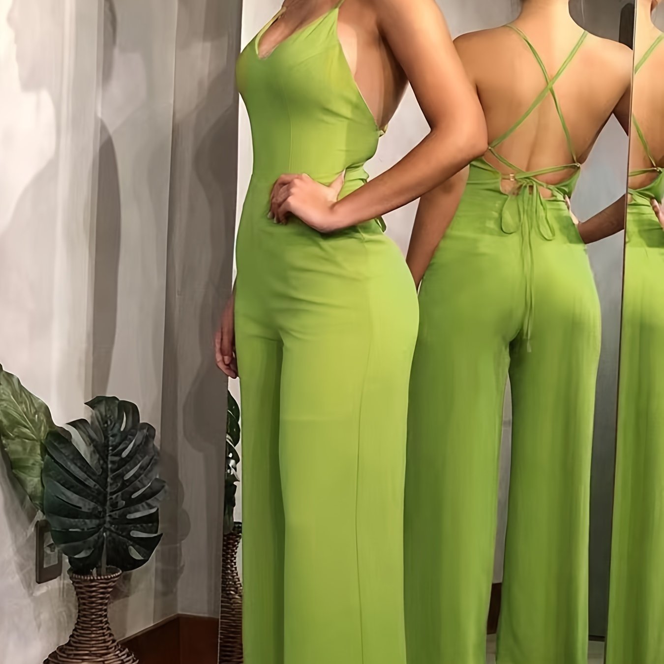 vlovelaw Cross Tie Back V-neck Jumpsuit, Sexy Solid Backless Jumpsuit For Spring & Summer, Women's Clothing