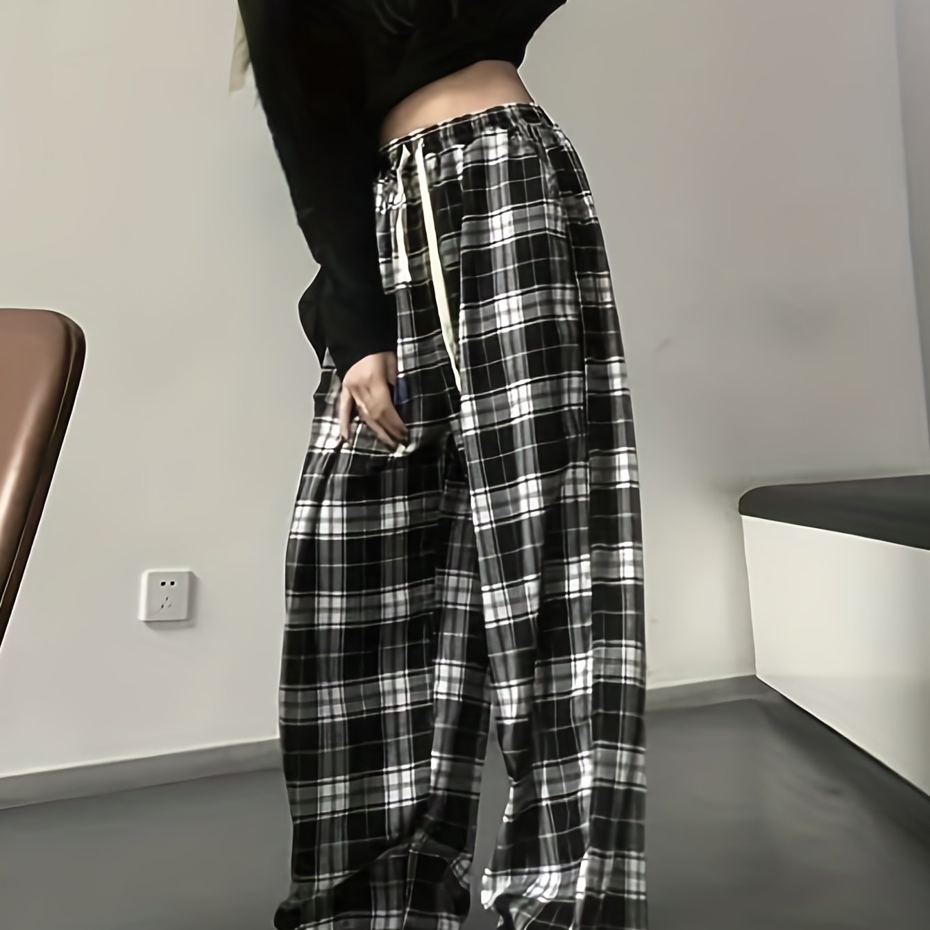 vlovelaw Plaid Drawstring Straight Leg Pants, Casual Loose Pants For Spring & Fall, Women's Clothing