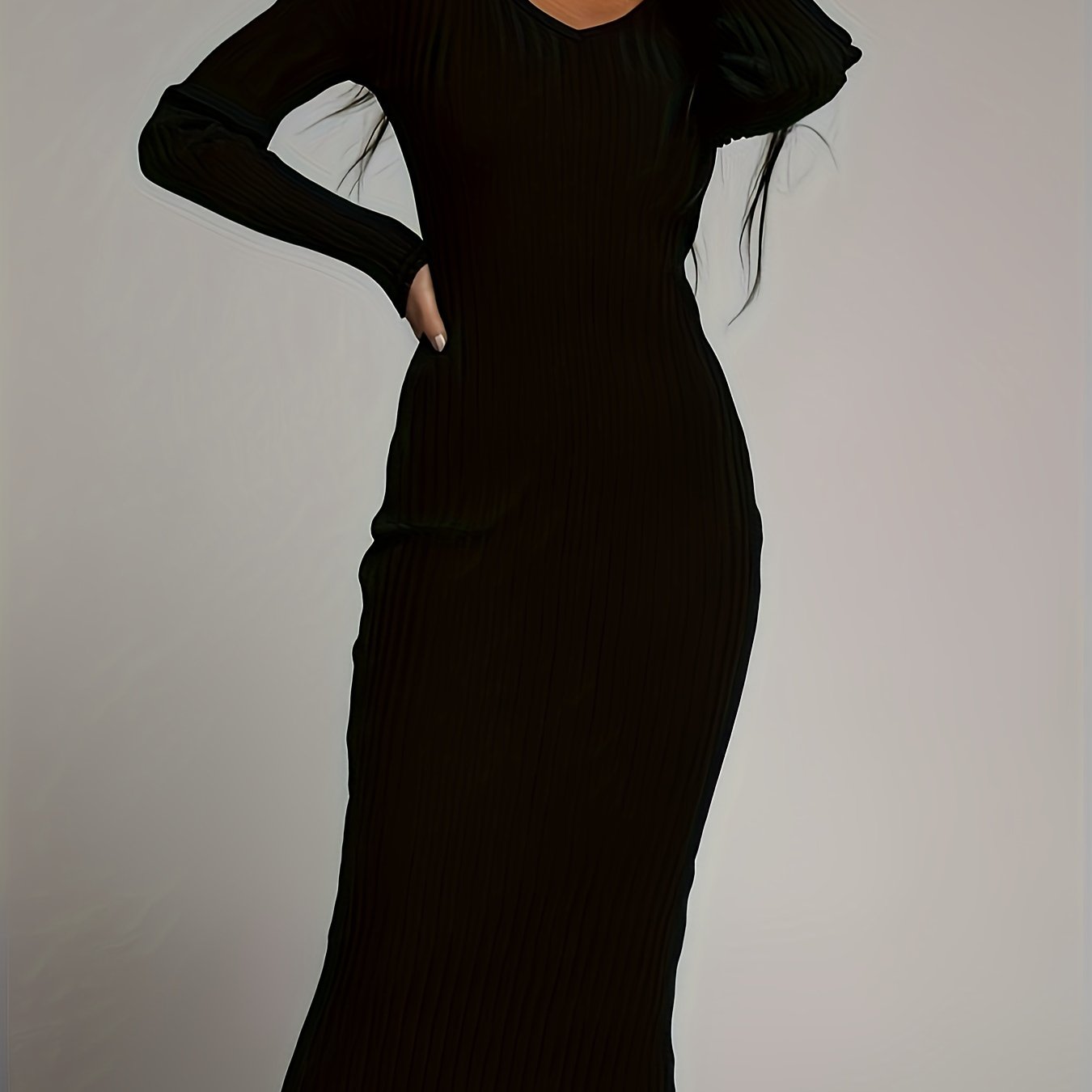 vlovelaw Bodycon V-neck Solid Dress, Long Sleeve Dress For Spring & Fall, Women's Clothing