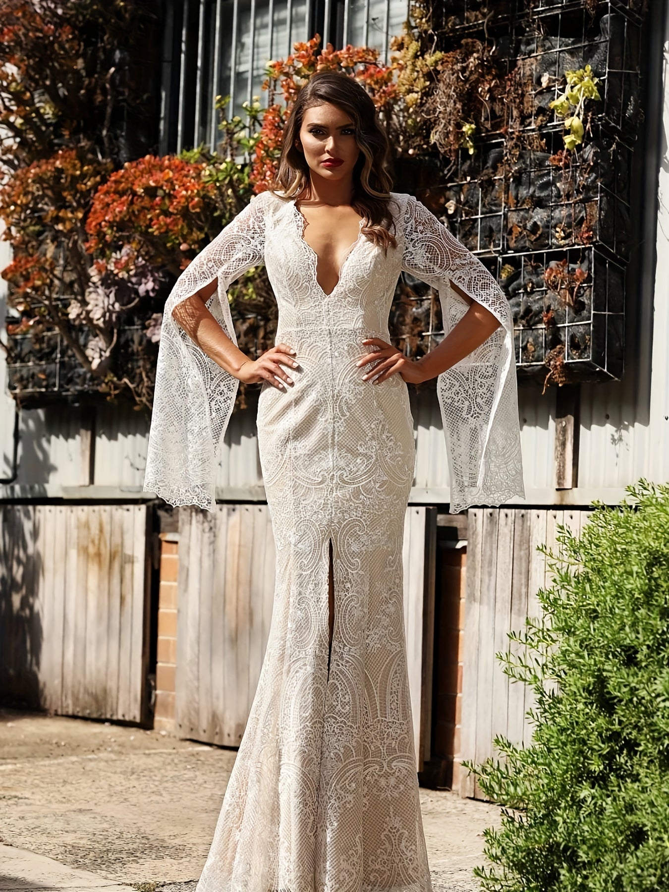 vlovelaw Guipure Lace V Neck Cocktail Dress, Elegant Cape Sleeve Split Slim Fit Evening Dress For Party & Banquet, Women's Clothing