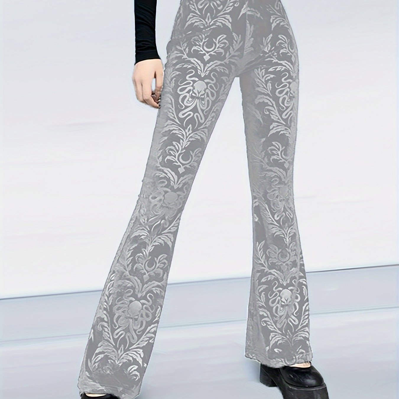 vlovelaw Gothic Floral Print High Waist Pants, Elegant Flare Leg Pants, Women's Clothing