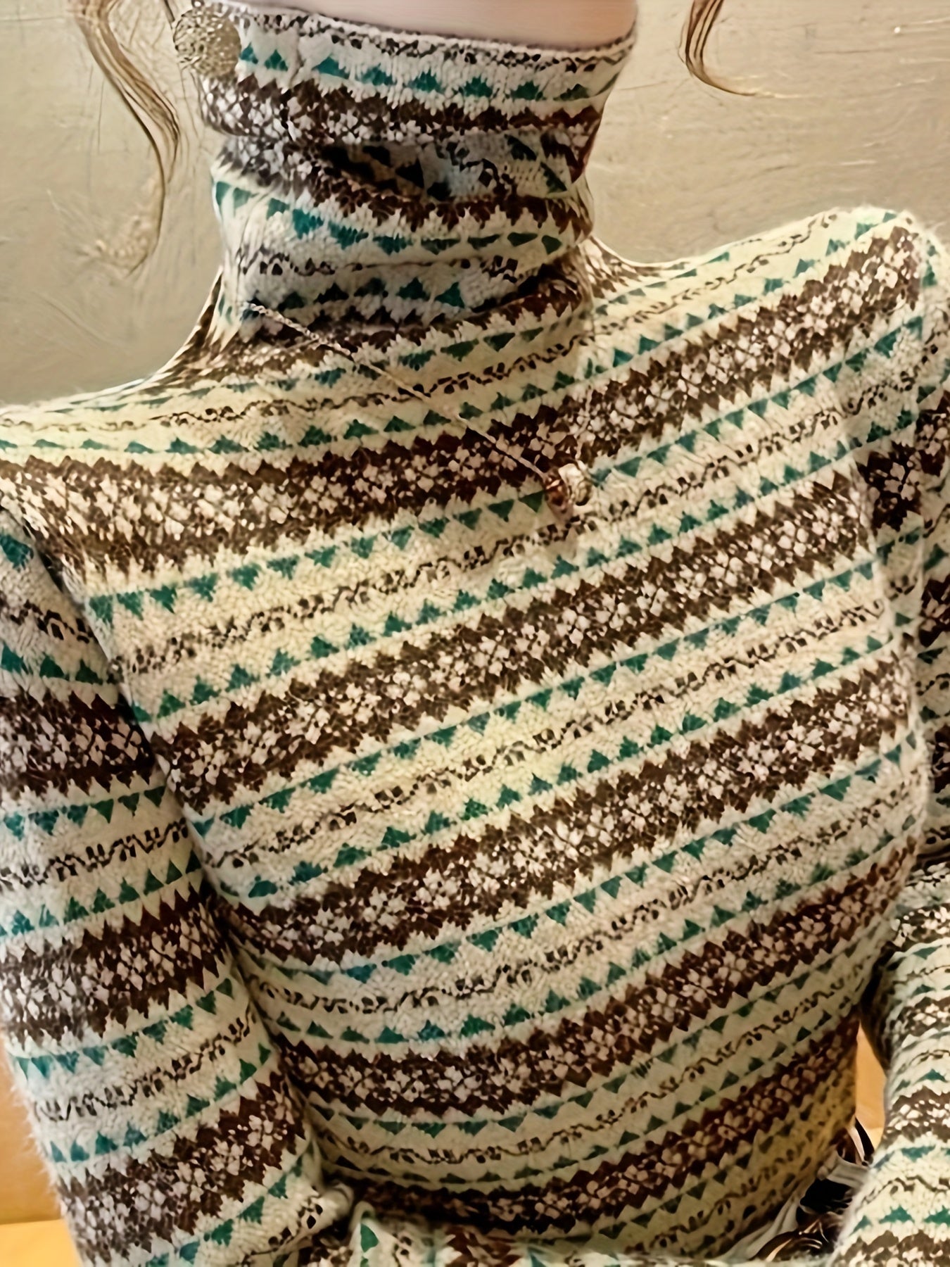 vlovelaw Geometric Pattern Knitted Pullover Sweater, Casual Turtleneck Long Sleeve Top For Fall & Winter, Women's Clothing