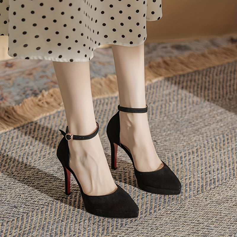 vlovelaw Women's D'Orsay High Heels, Pointed Toe Ankle Strap Suedette Pumps, All-Match Dress Prom Stilettos