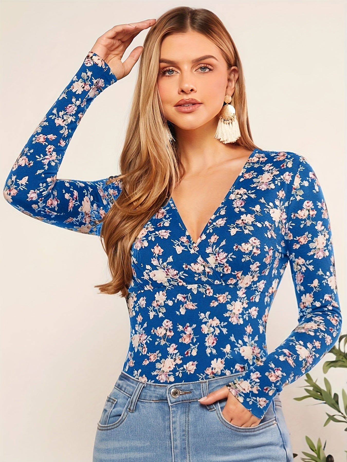vlovelaw Floral Print V Neck T-Shirt, Casual Long Sleeve Top For Spring & Fall, Women's Clothing