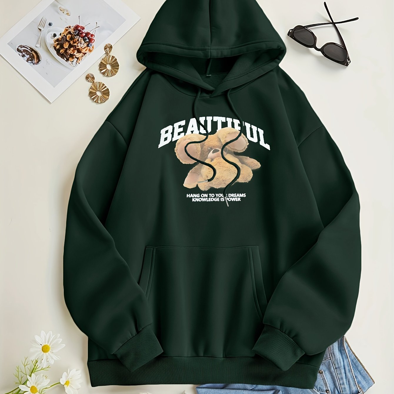 Bear Print Kangaroo Pocket Hoodie, Casual Long Sleeve Drawstring Hoodies Sweatshirt, Women's Clothing