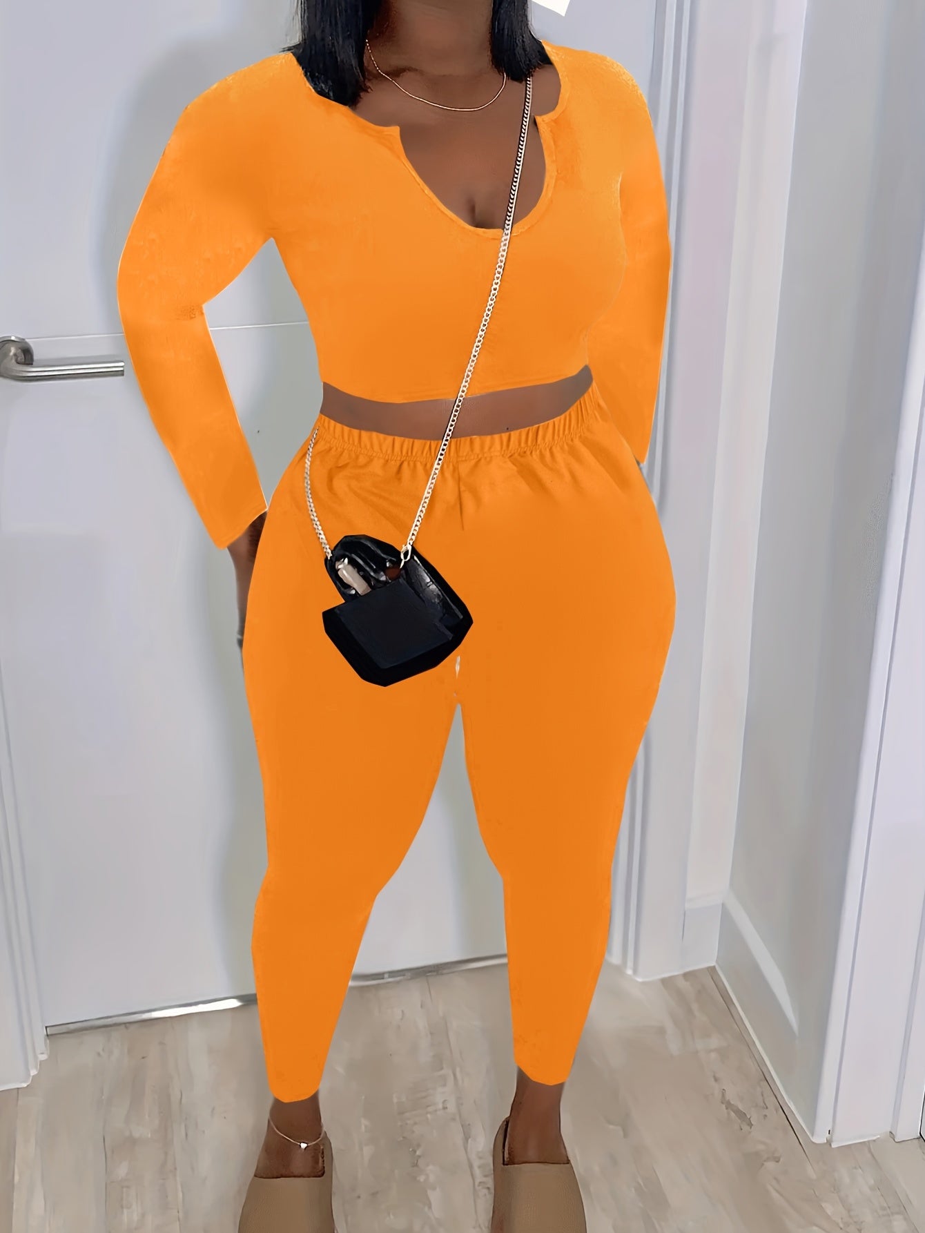 Sexy Matching Two-piece Set, Short Sleeve Crop Top & Skinny Pants Outfits, Women's Clothing