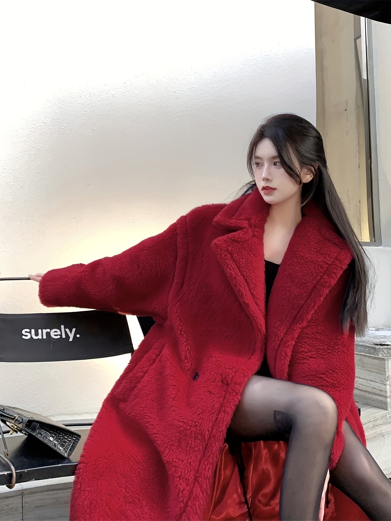 Winter Lapel Teddy Overcoat, Long Length Solid Casual Coat, Women's Clothing