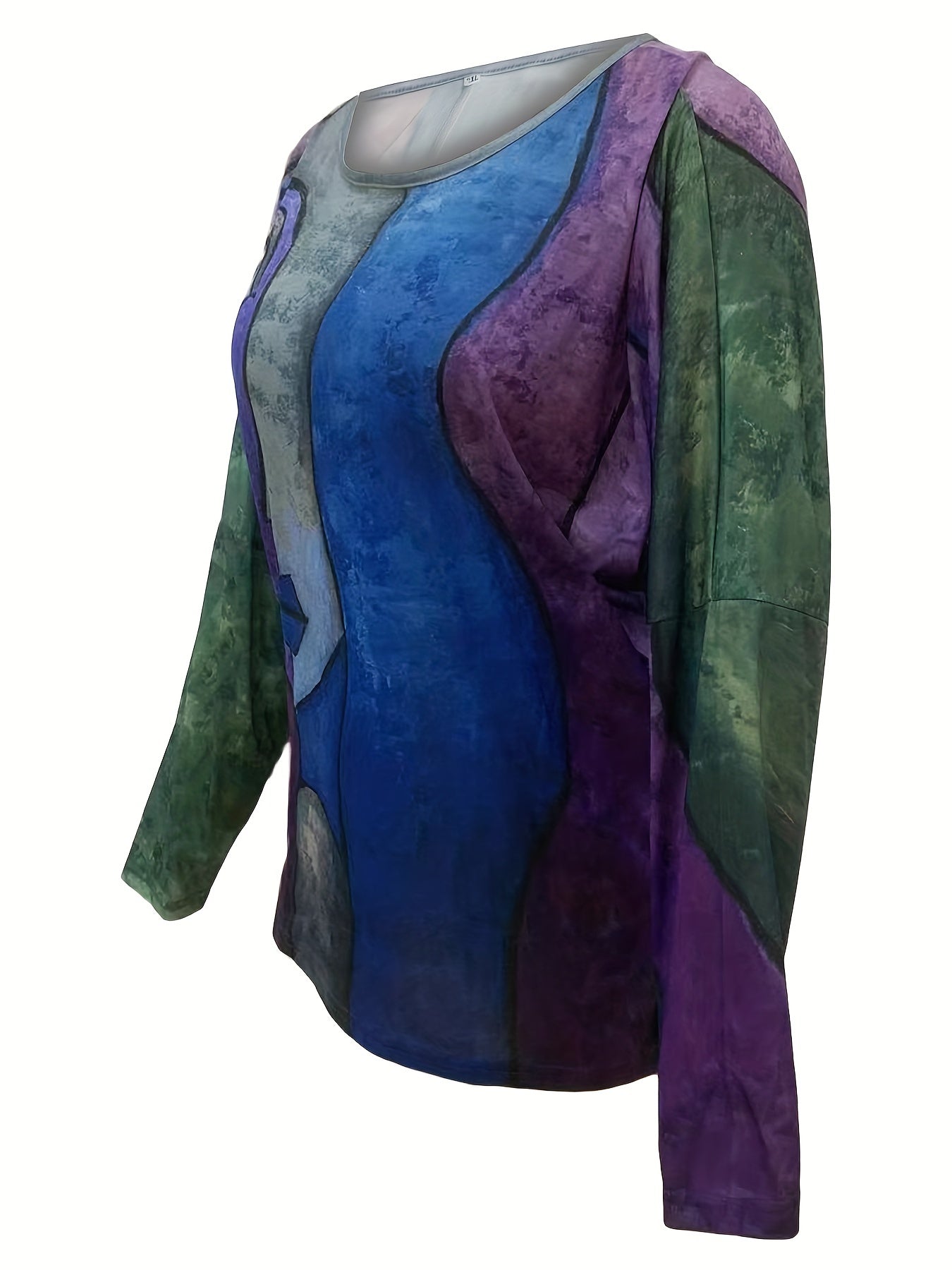 Plus Size Casual T-shirt, Women's Plus Abstract Print Long Sleeve Round Neck Medium Stretch T-shirt