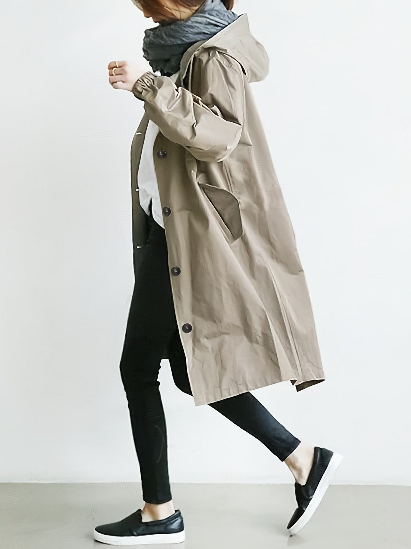 vlovelaw Drawstring Hooded Trench Coat, Casual Solid Long Sleeve Outerwear, Women's Clothing
