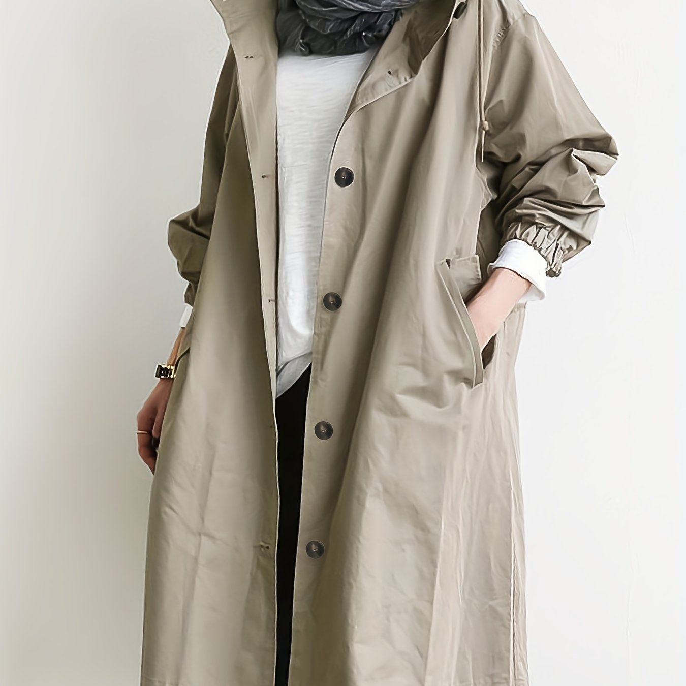 Drawstring Hooded Trench Coat, Casual Solid Long Sleeve Outerwear, Women's Clothing