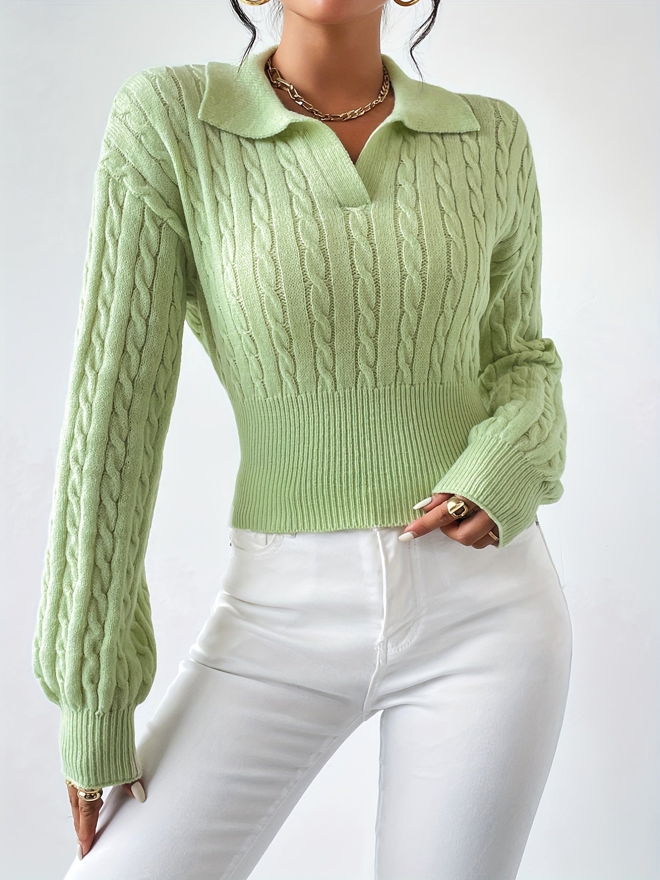 Twist Textured V Neck Knitted Top, Casual Long Sleeve Sweater For Fall & Winter, Women's Clothing