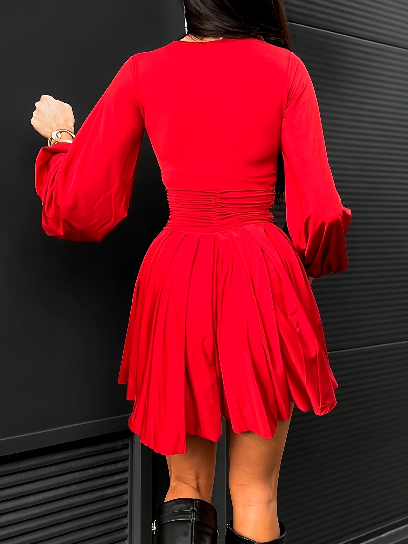 vlovelaw Ruched Plunging Mini Dress, Elegant Long Sleeve Dress For Spring & Fall, Women's Clothing