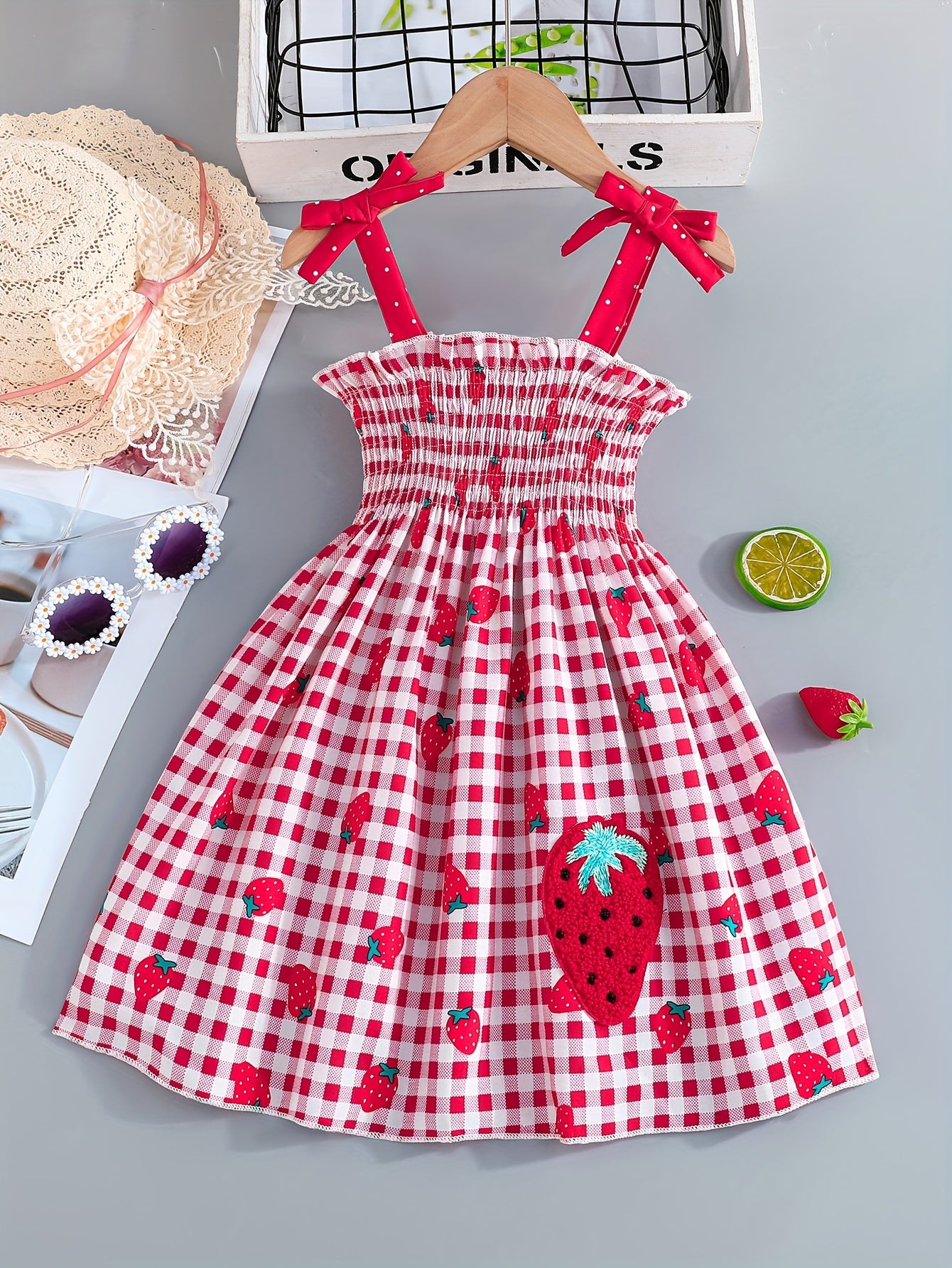Adorable Sleeveless Strawberry Plaid Print Umbrella Skirt Dress for Girls - Cute Bow Straps, Slight Stretch Fabric, Flared Hem, Regular Fit, Perfect for Summer Holiday Party