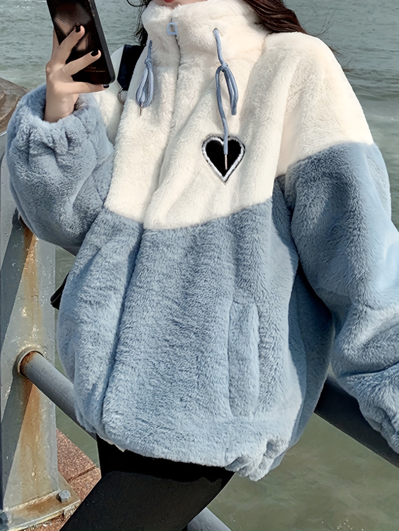 vlovelaw Color Block Zip-up Plush Coat, Casual Thermal Heart Patch Long Sleeve Drawstring Coat For Fall & Winter, Women's Clothing