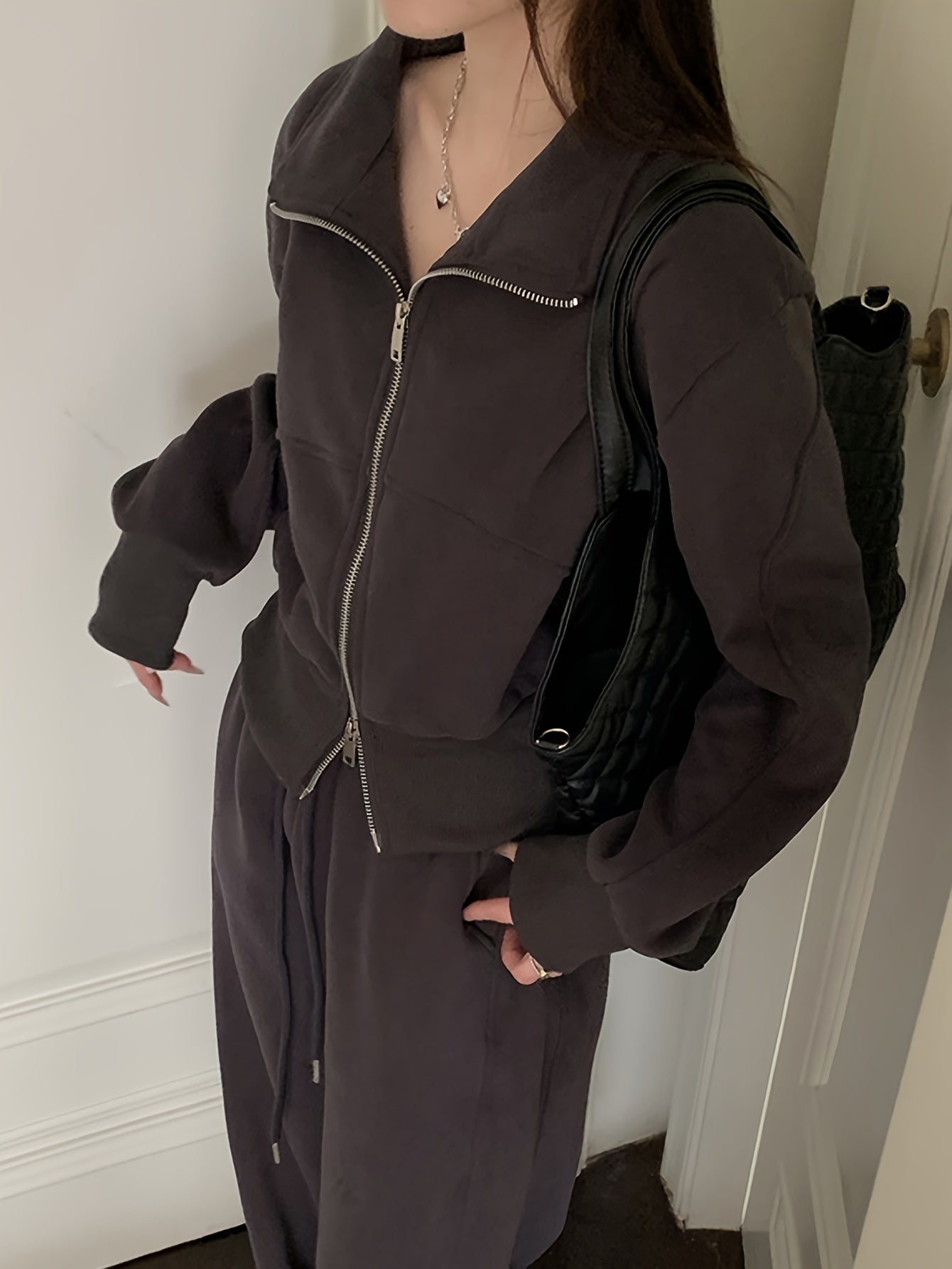 Solid Color Two-way Zipper Sweatshirt, Stylish Long Sleeve Lapel Sweatshirt For Fall & Winter, Women's Clothing