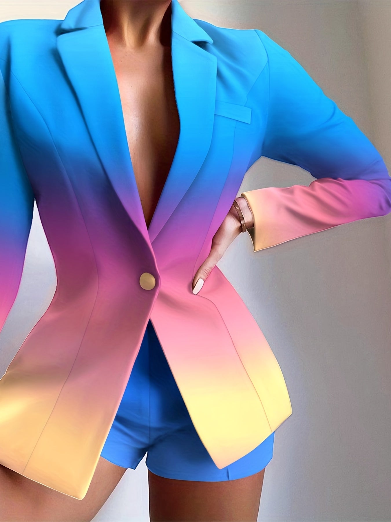 Gradient One Button Blazer, Casual Lapel Long Sleeve Outerwear, Women's Clothing