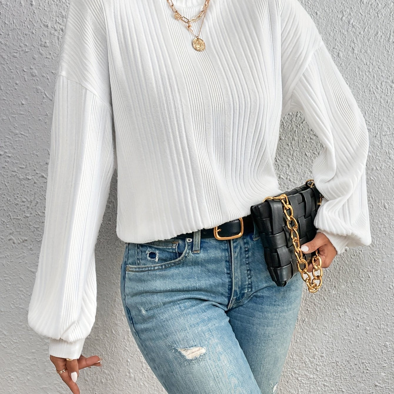 Solid Mock Neck Simple T-Shirt, Versatile Lantern Sleeve Drop Shoulder T-Shirt For Spring & Fall, Women's Clothing