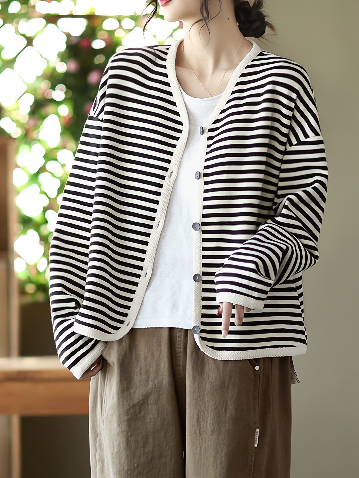 vlovelaw Striped Print Button Front Jacket, Casual V Neck Long Sleeve Outerwear For Spring & Summer, Women's Clothing