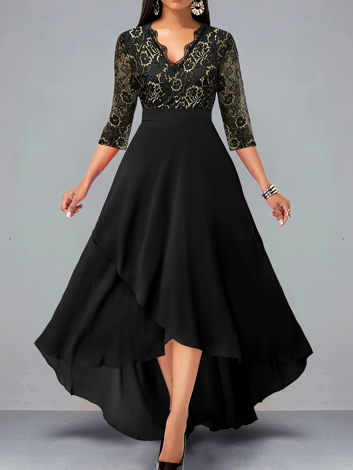 Plus Size Elegant Dress, Women's Plus Floral Print Three Quarter Sleeve Contrast Lace Trim V Neck Wrap Split Hem Maxi Dress