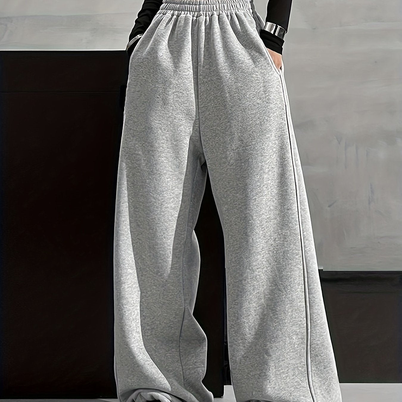vlovelaw Solid Comfy Wide Leg Pants, Casual Elastic Waist Loose Pants With Pocket, Women's Clothing