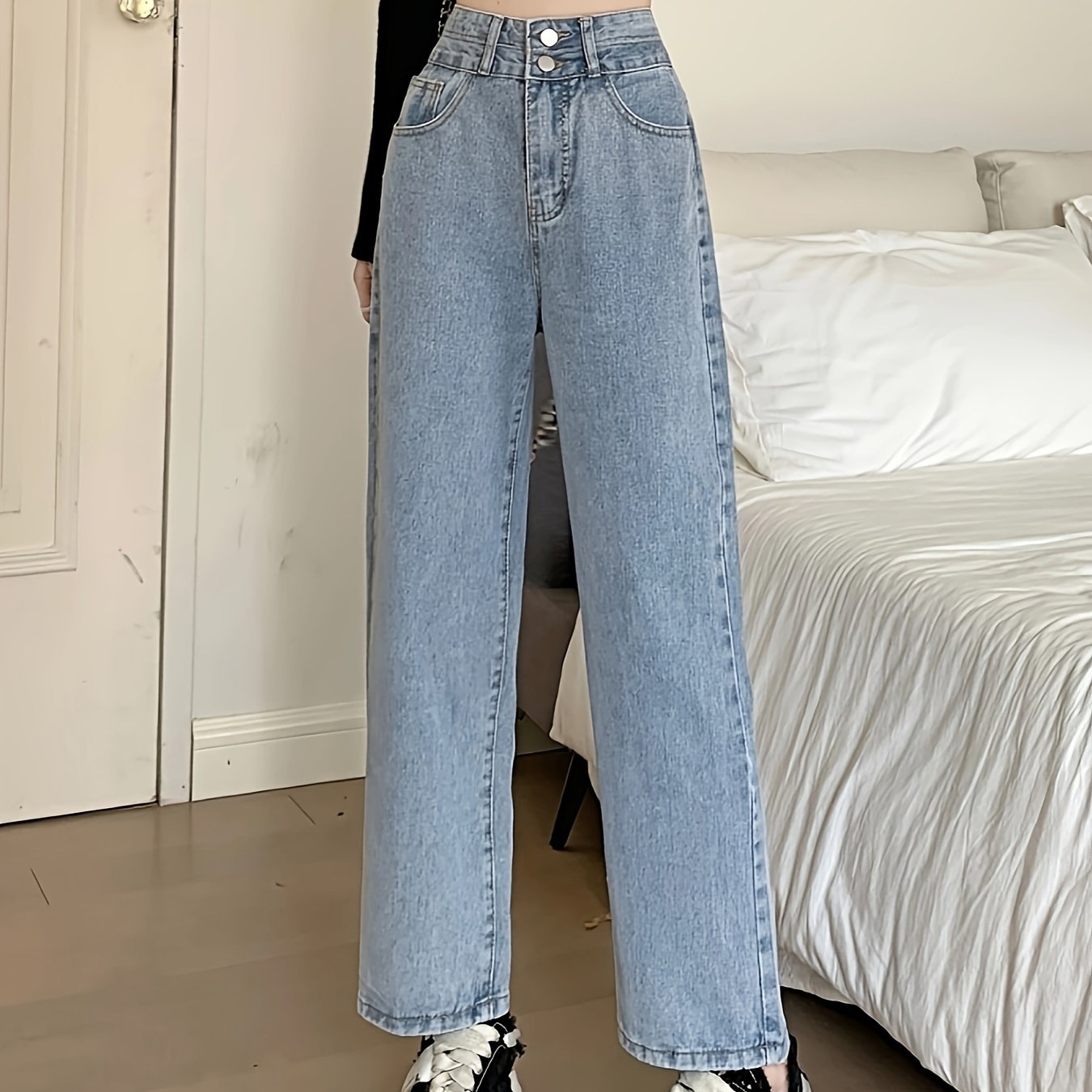 vlovelaw Double Buttons Plain Straight Leg Jeans, High Rise Loose Fit Washed Blue Denim Pants, Women's Denim Jeans & Clothing