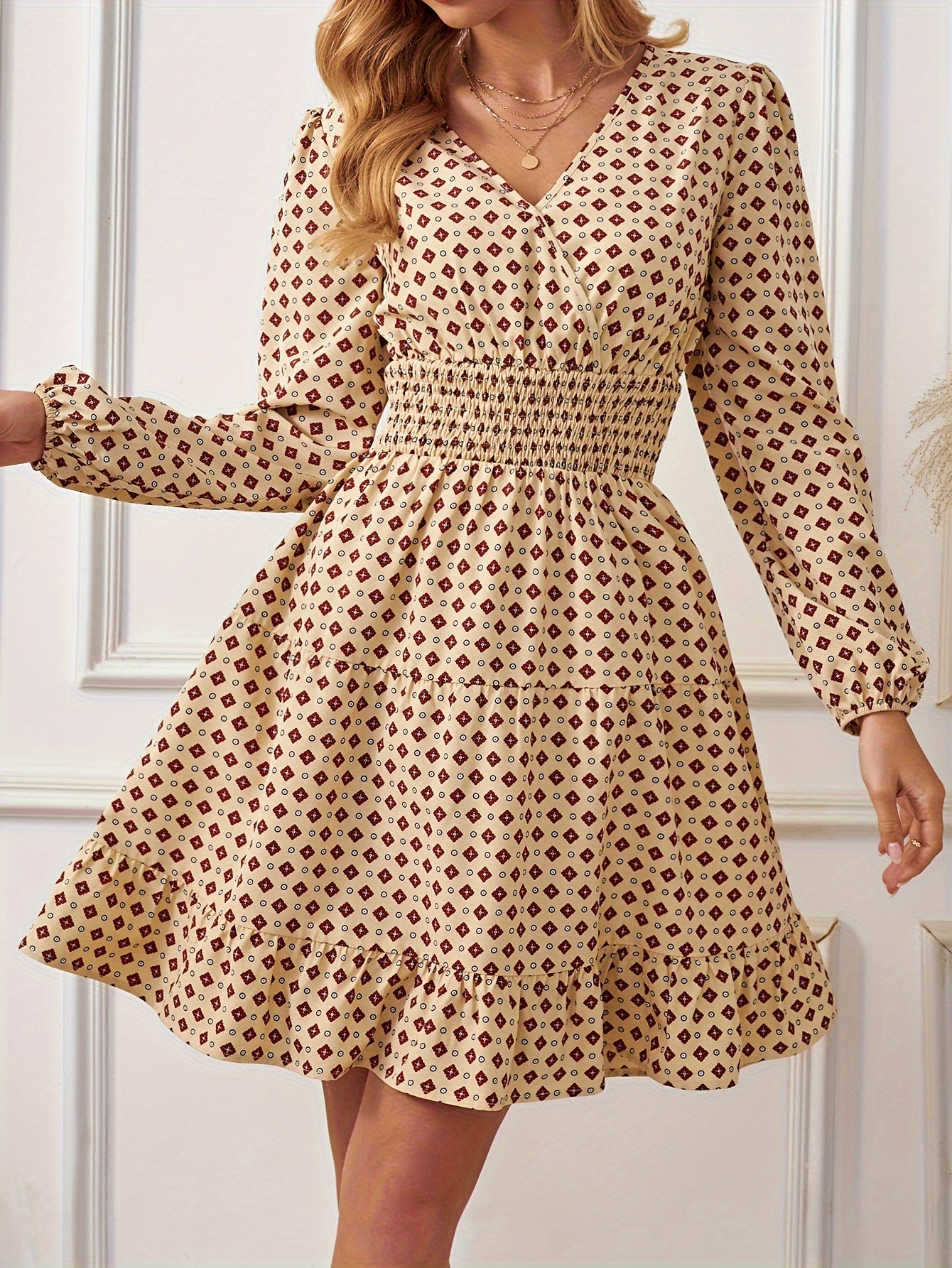 vlovelaw Allover Print Tiered Ruffle Dress, Vintage Long Sleeve Surplice Neck Dress, Women's Clothing