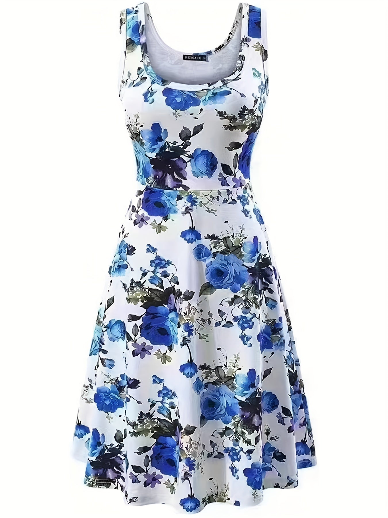 vlovelaw Plus Size Elegant Dress, Women's Plus Floral Print Round Neck Medium Stretch Tank Dress