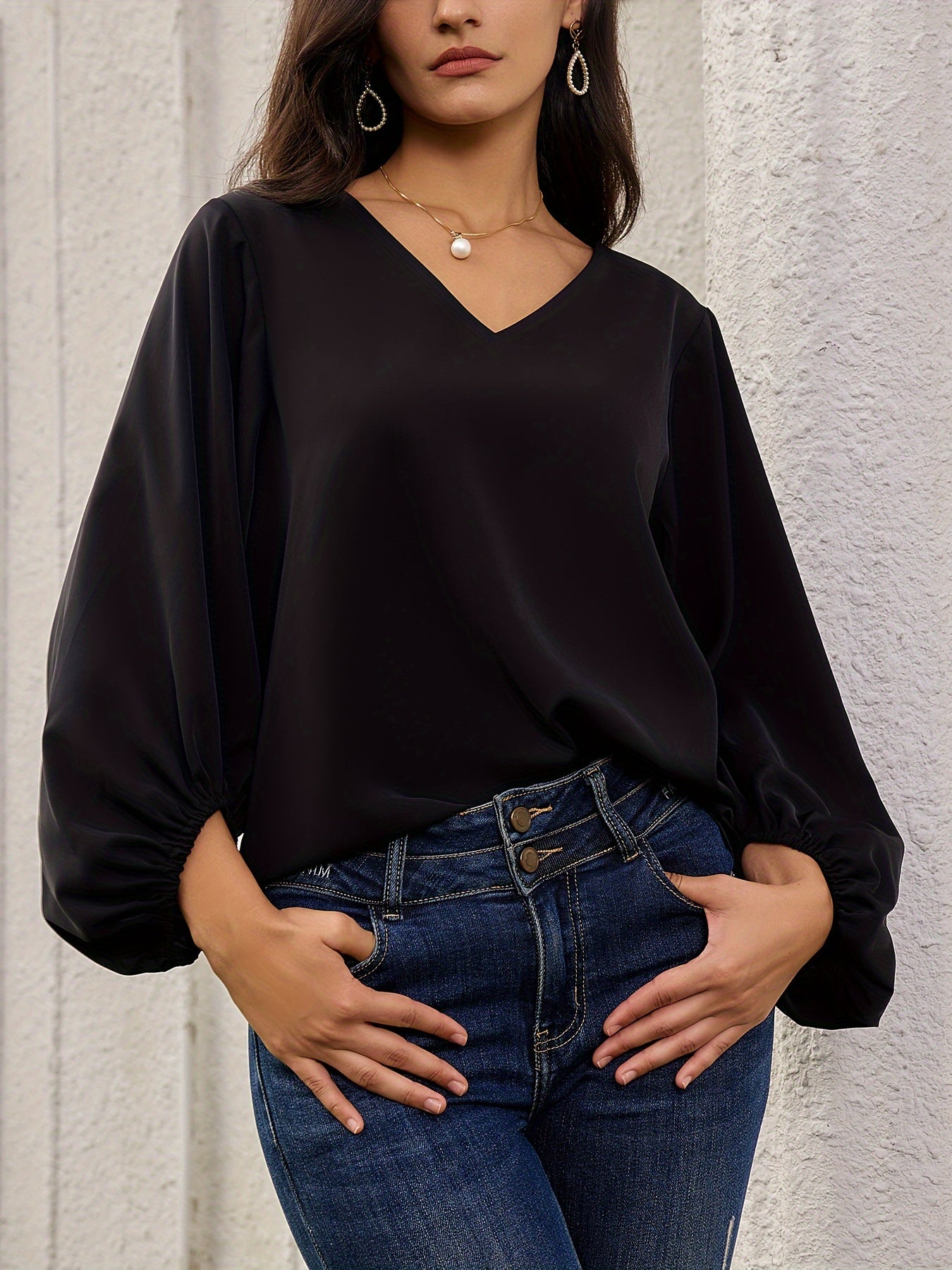 Solid V Neck Blouse, Elegant Lantern Sleeve Blouse For Spring & Fall, Women's Clothing