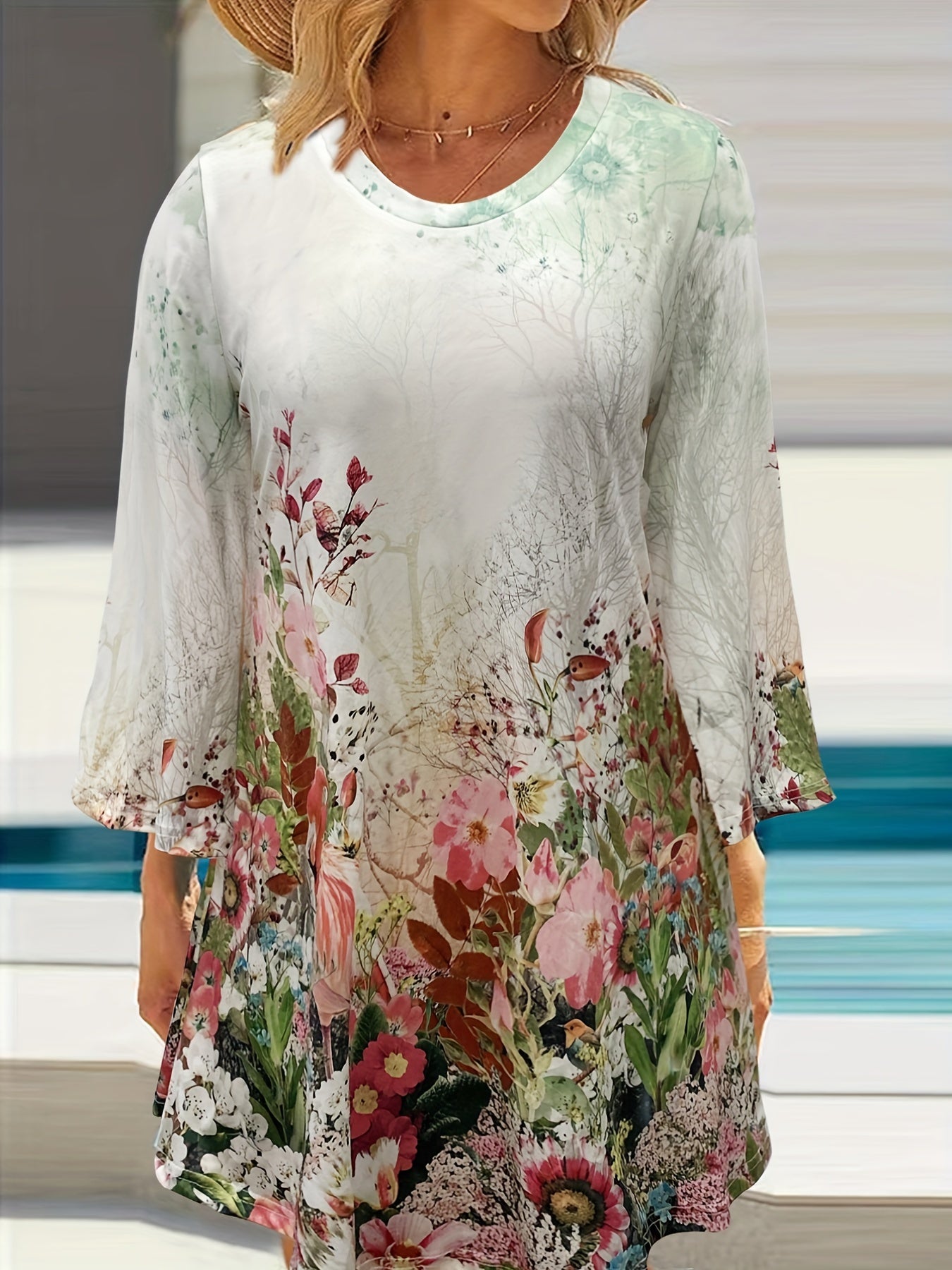 Plus Size Casual T-shirt, Women's Plus Floral Print Long Sleeve Round Neck Slight Stretch T-shirt