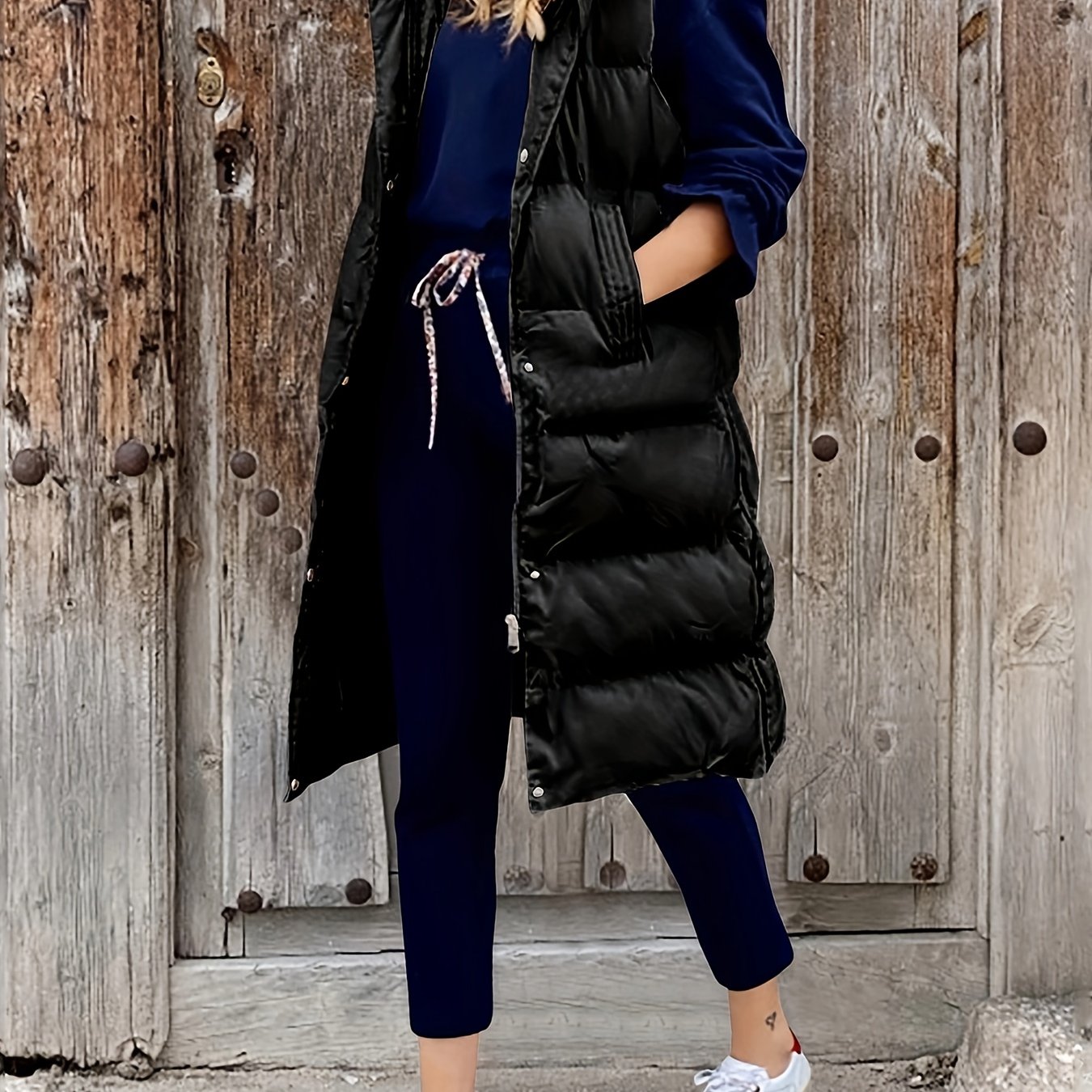 vlovelaw Solid Zip Up Pockets Cotton-padded Coat, Casual Sleeveless Warm Jacket Coat, Women's Clothing