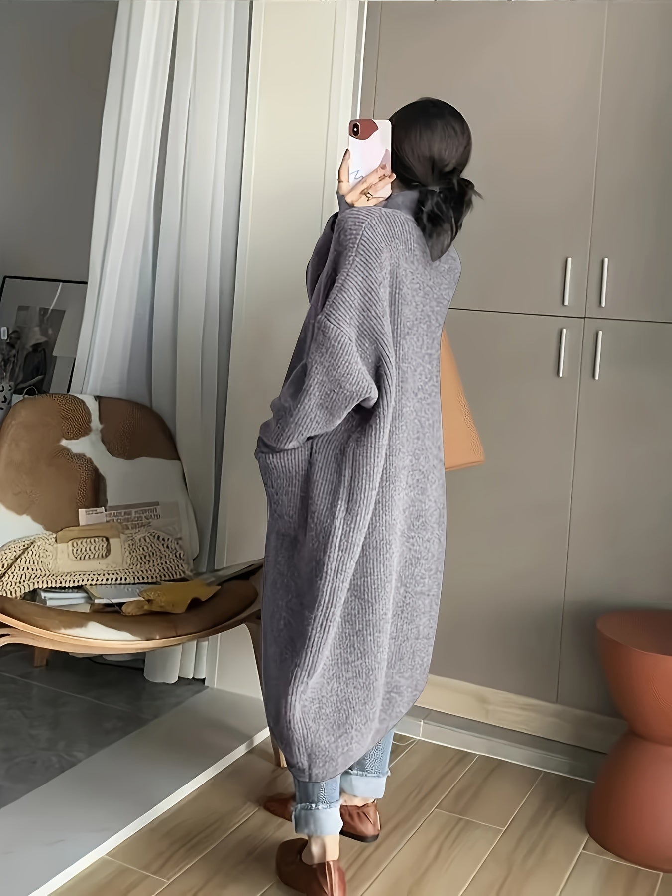 Solid Button Front Turtle Neck Cardigan, Casual Long Sleeve Pocket Oversized Sweater Overcoat, Women's Clothing