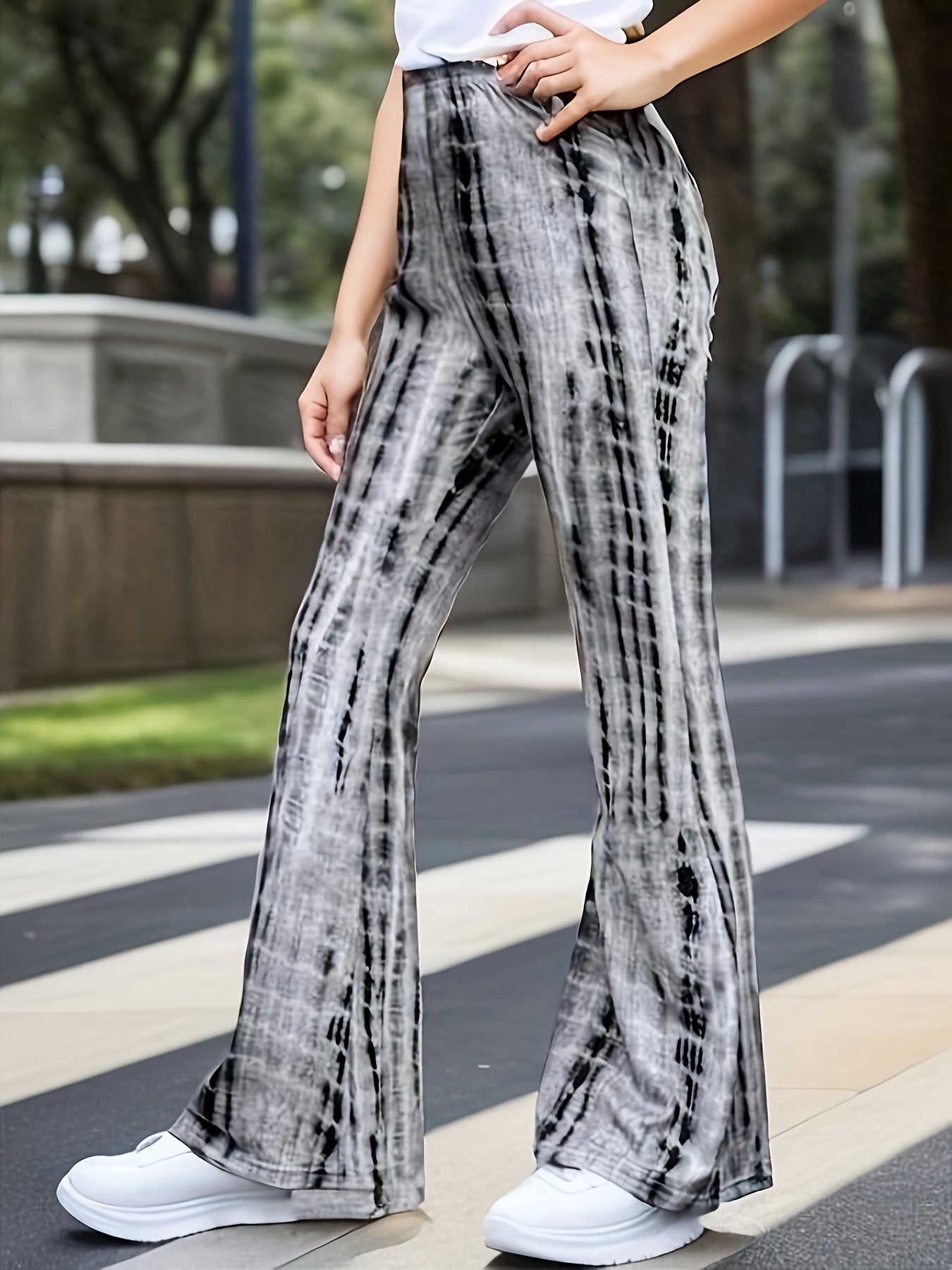 Girls Stylish Black Tie Dye Print Knit High Waisted Flare Leg Pants, Slim Fitting