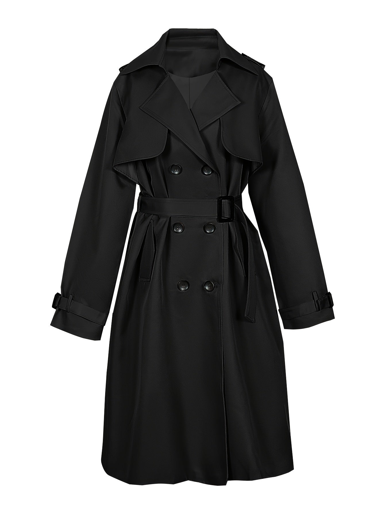 vlovelaw Plus Size Casual Coat, Women's Plus Solid Long Sleeve Lapel Collar Double Button Buckle Overcoat With Belt
