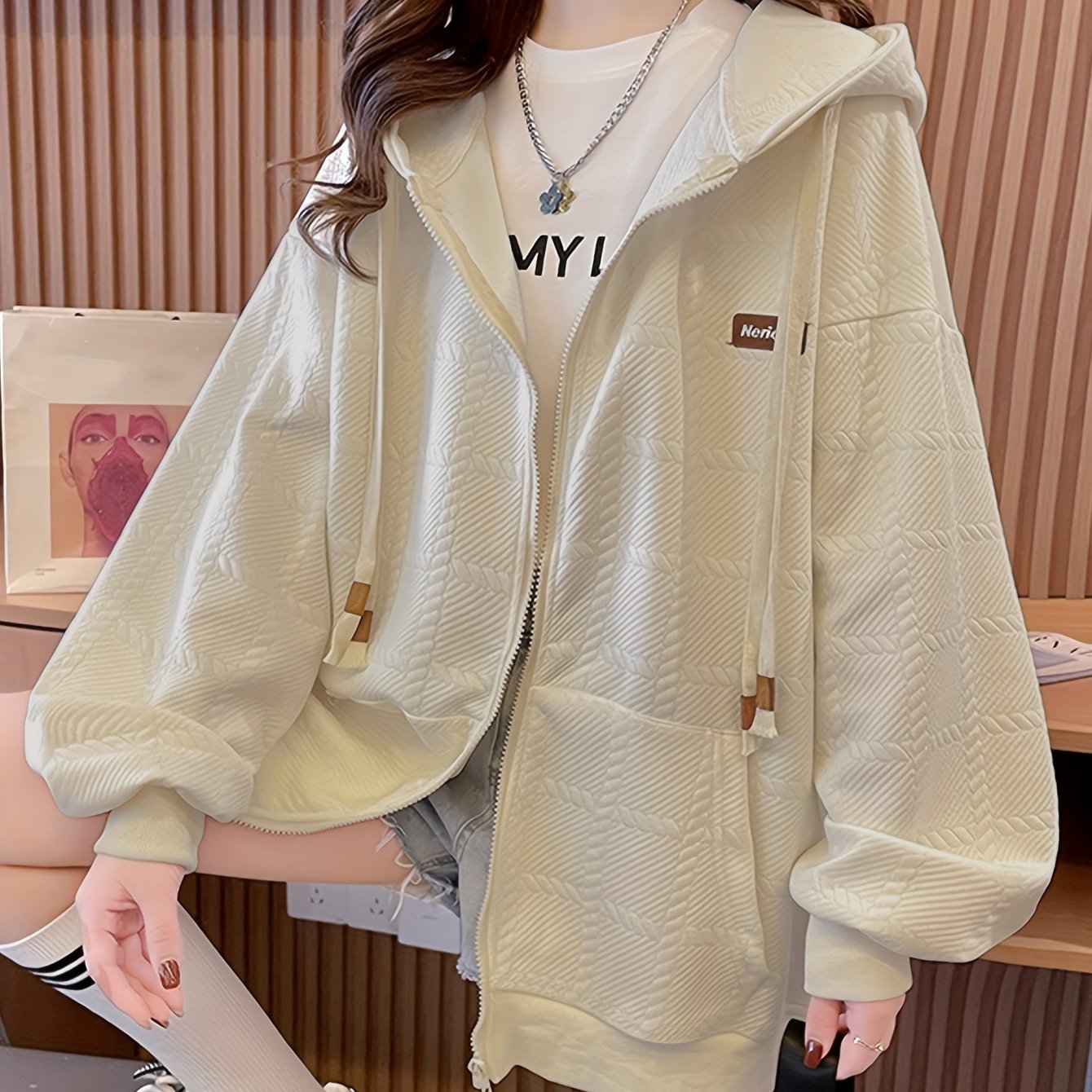 vlovelaw  Slant Pockets Zip-up Cable Hoodie, Casual Lantern Sleeve Drawstring Hoodie Coat, Women's Clothing