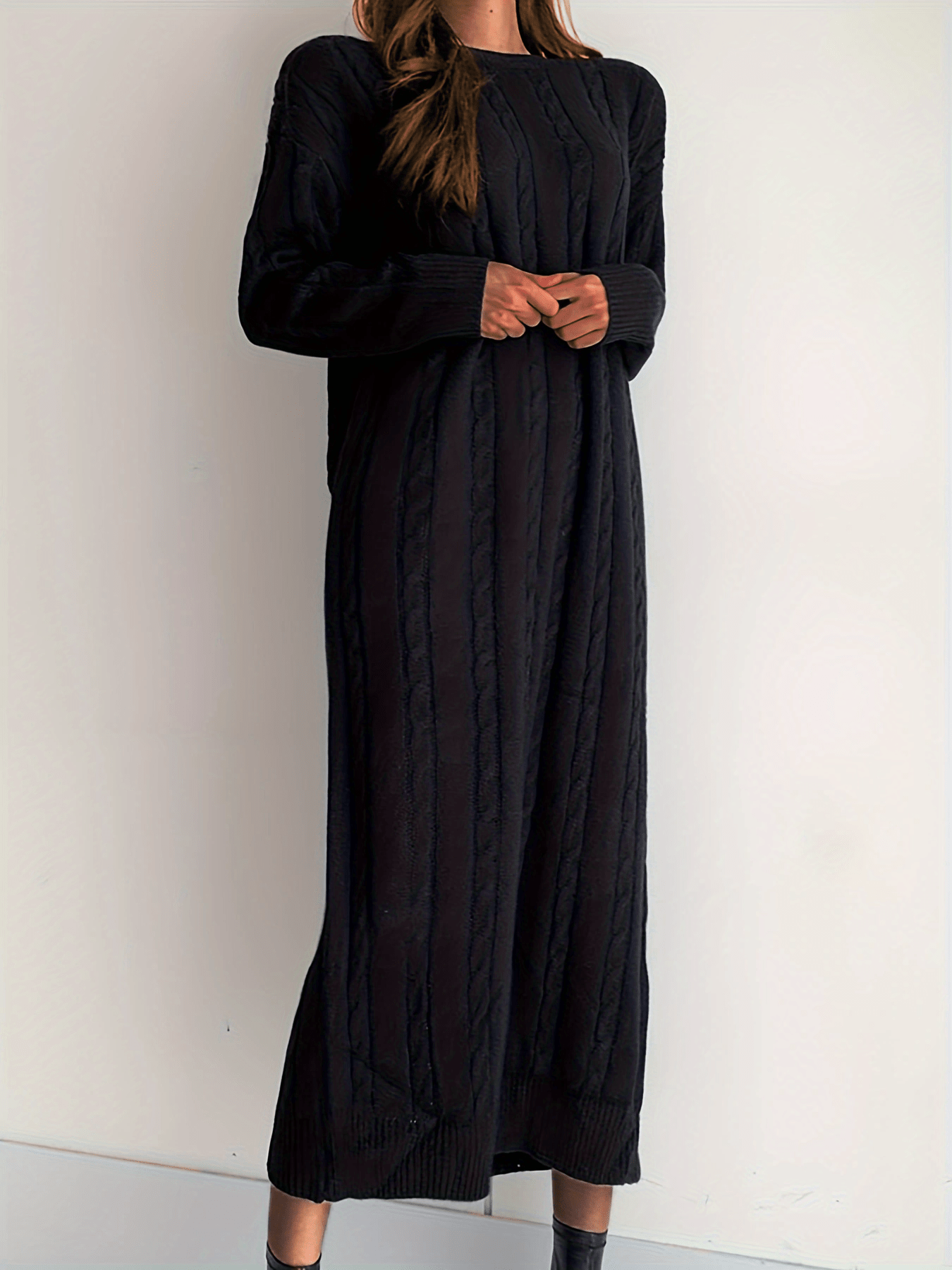 Solid Cable Knit Sweater Dress, Casual Long Sleeve Midi Dress, Women's Clothing