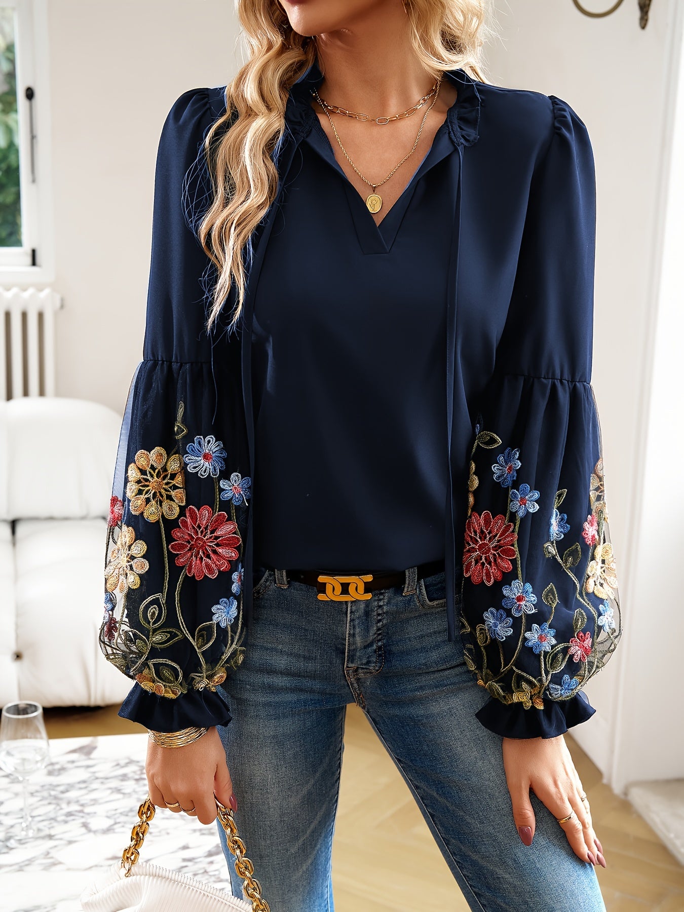 vlovelaw Floral Pattern Tie Neck Blouse, Casual Long Sleeve Blouse For Spring & Fall, Women's Clothing