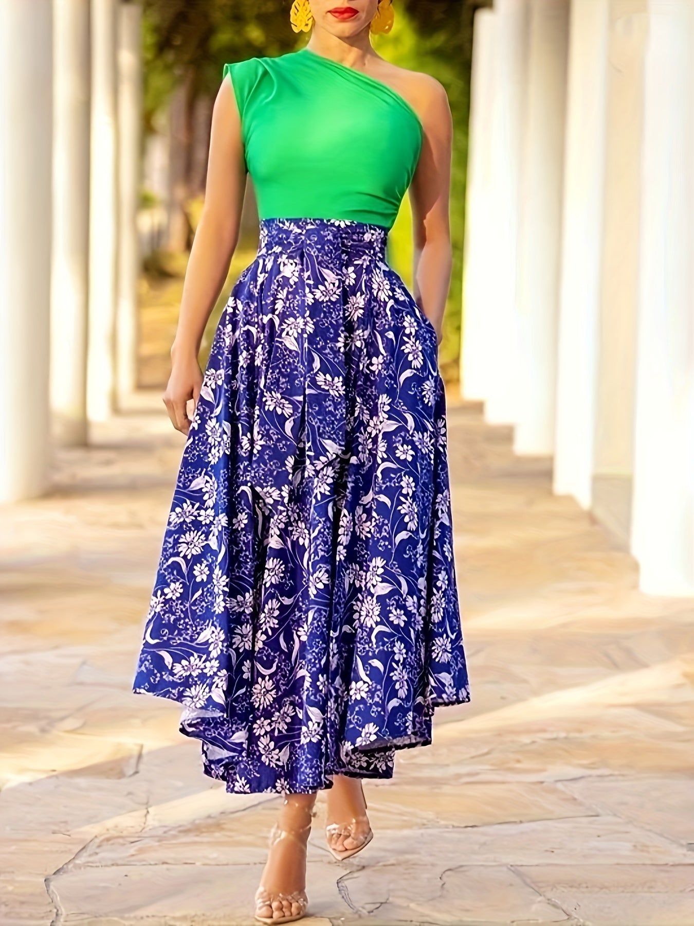 Plus Size Elegant Skirt, Women's Plus Floral Print Knot Front Elastic High Rise Asymmetric Hem Swing Maxi Skirt
