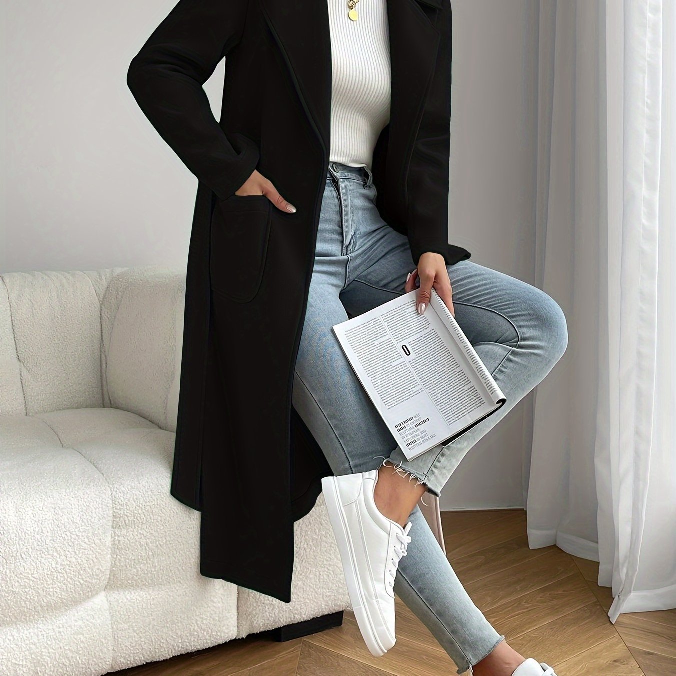 vlovelaw Dual Pocket Trench Coat, Tie Waist Solid Casual Coat For Winter & Fall, Women's Clothing