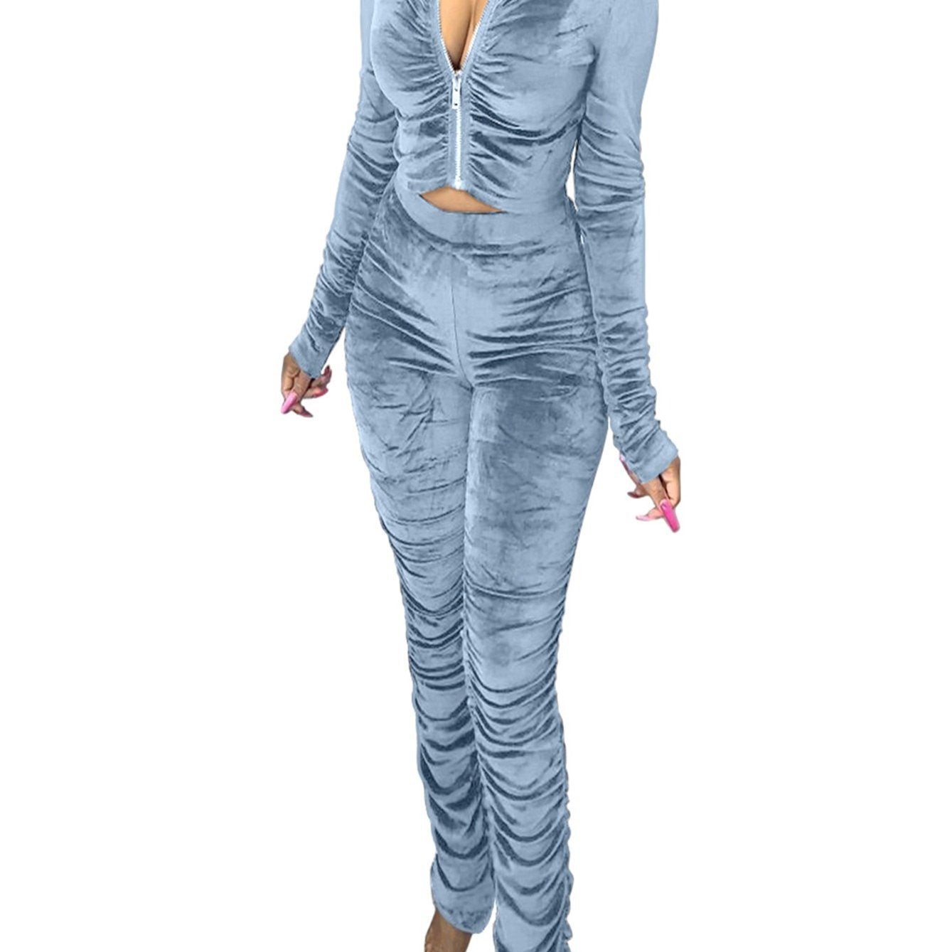 vlovelaw Casual Ruched Two-piece Set, Zip Up Hoodie & Solid Pants Outfits For Spring & Fall, Women's Clothing