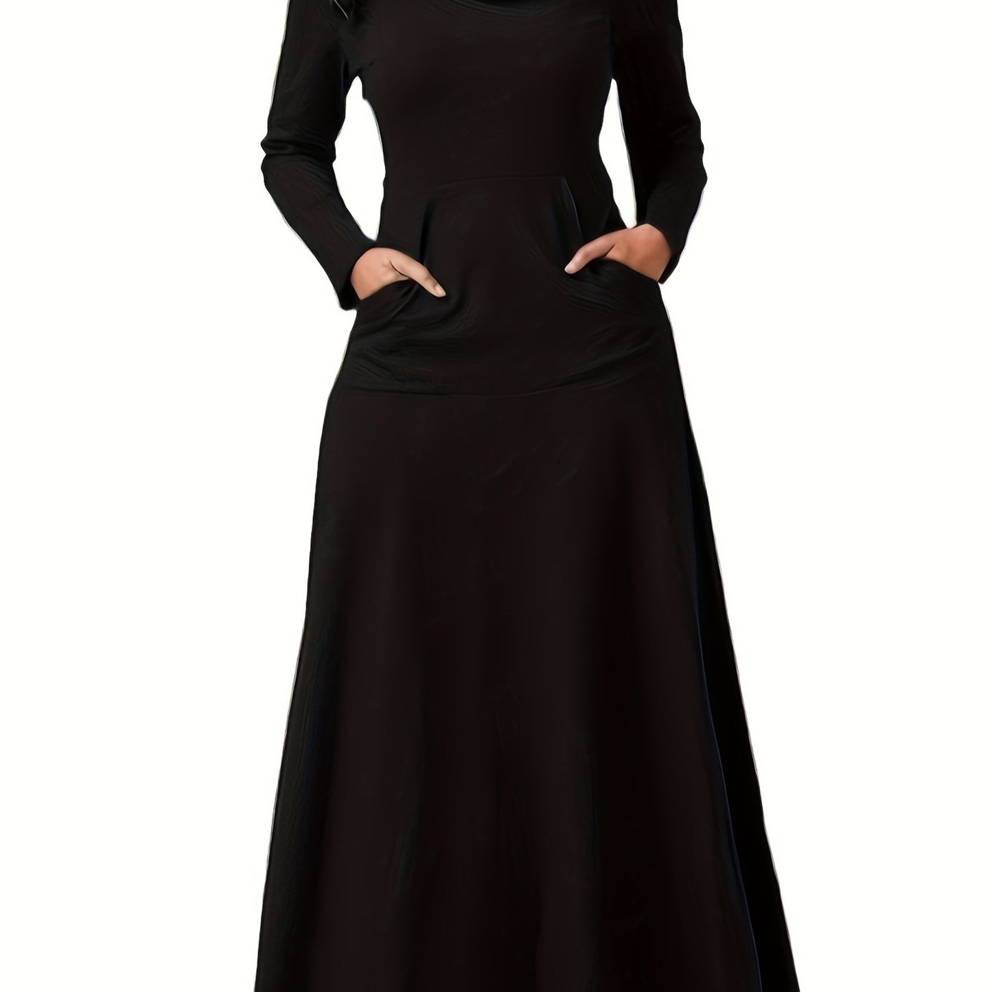 Plus Size Casual Dress, Women's Plus Solid Long Sleeve Turtleneck High Stretch Maxi Dress With Pockets