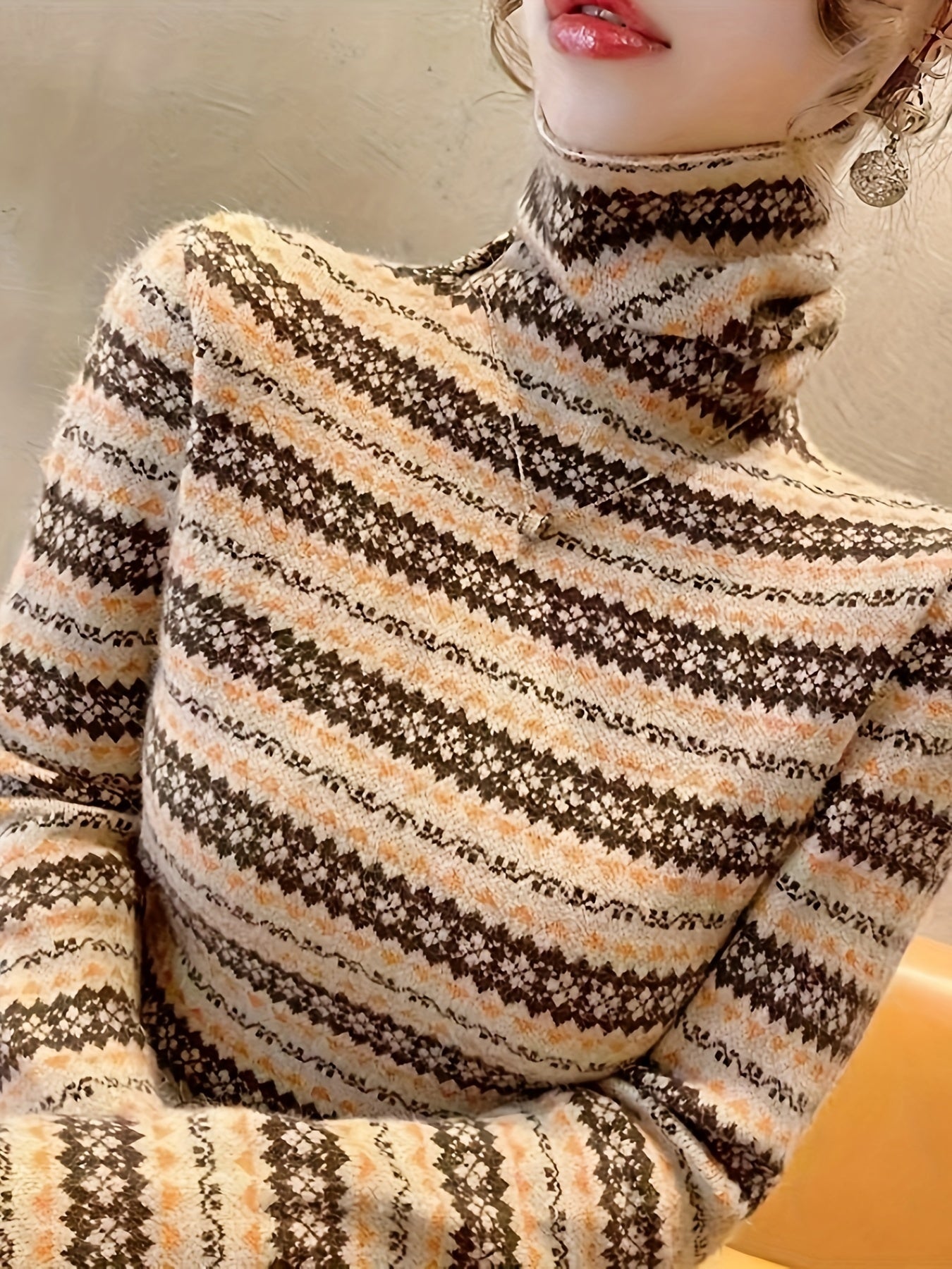 vlovelaw Geometric Pattern Knitted Pullover Sweater, Casual Turtleneck Long Sleeve Top For Fall & Winter, Women's Clothing
