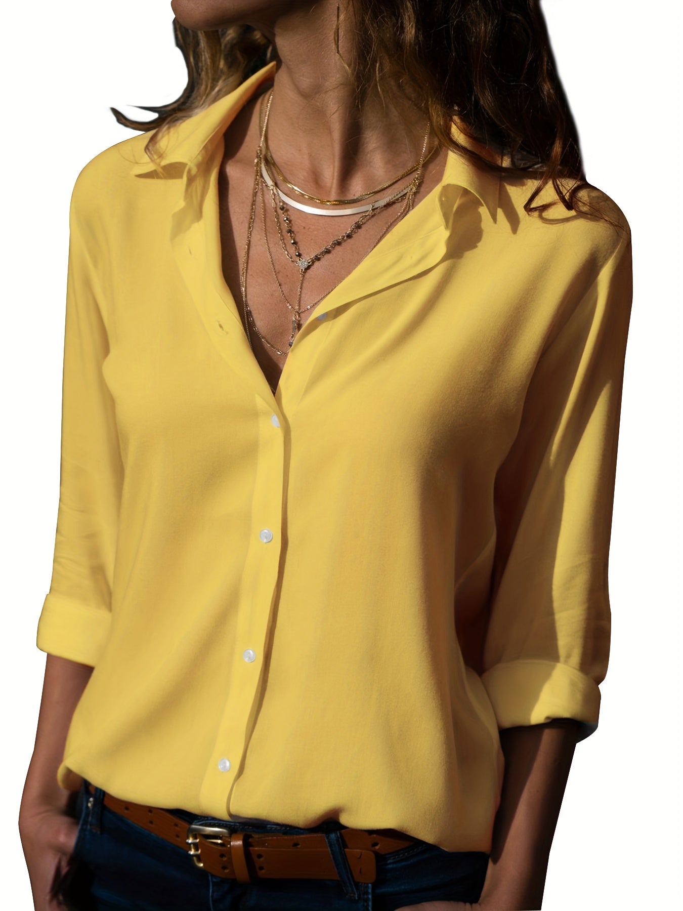 Versatile Solid Shirt, Casual Button Front Long Sleeve Collar Shirt, Women's Clothing